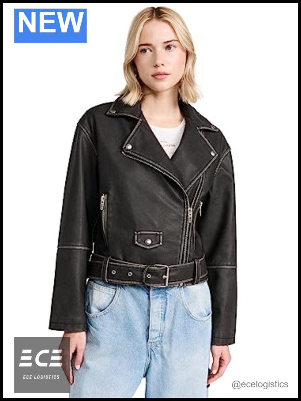 Vegan Leather Moto Jacket with Belt Zip Front Pockets Cold Weather